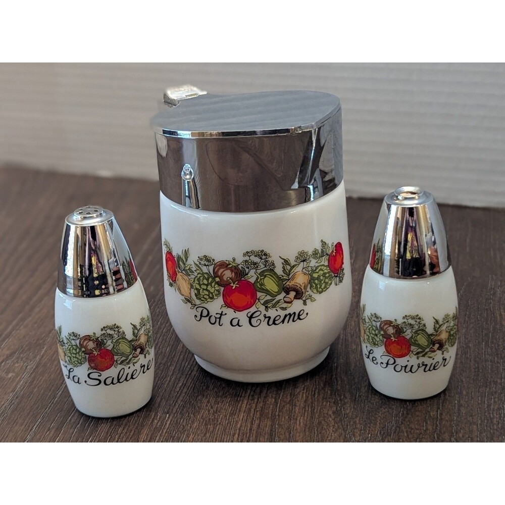 VTG Corning Ware Gemco Spice of Life Creamer Salt Pepper Shakers Milk Glass 70s